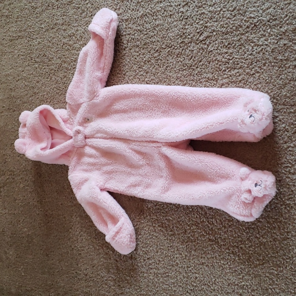 Carter's 9M pink fleece snowsuit bunting  pram hooded bear feet ears footed